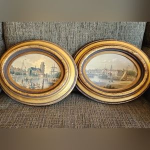 Antique HAL KRAMER CO. CHICAGO 1757 small gold wood framed pictures set of 2